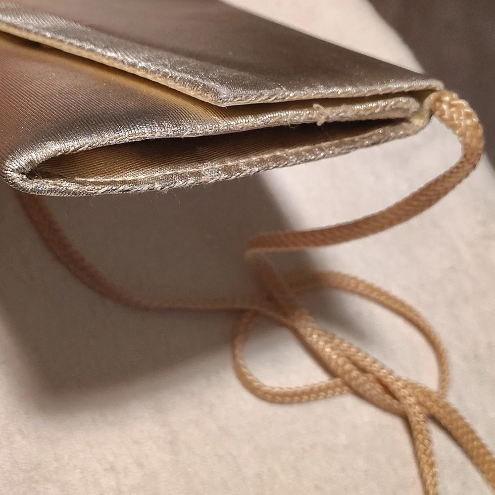 Metallic Gold Purse, Snap Shut And Open Compartment With Pocket, Strap - Picture 7 of 7